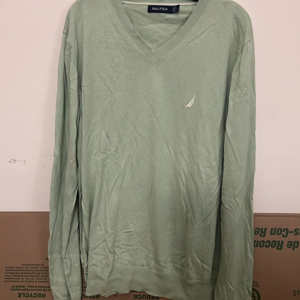 Nautica Mens V Neck Sweater Long Sleeve‎ Sage Green Classic Casual Pullover